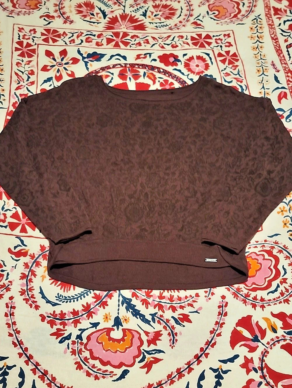 prAna Womens Boho Long Sleeve Knit Top Brown with Black Floral Print Throughout